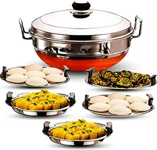 Redific All-in-One Stainless Steel Idli Cooker Multi Kadai Kadhai 27 cm diameter with Lid 4.5 L capacity