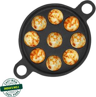 The Indus Valley Pre-Seasoned Cast Iron Paniyaram/Paddu Pan|9 pit-8.2 Inch Paniarakkal 0 L capacity 20.8 cm diameter