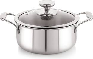 NIRLON Platinum Triply Stainless Steel Casserole with Glass Lid, 20 cm|2.8 Liter Wok with Lid 2.8 L capacity 20 cm diameter