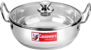 Cassoware Stainless Steel Kadhai with Glass Lid I Induction Bottom heavy gauge kadhai Kadhai 24 cm diameter with Lid 2.6 L capacity