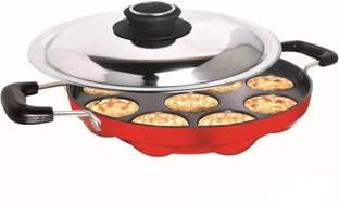 CIMORA Non-Stick 12 Cavity Appam Patra Side Handle with lid, Color Red Paniarakkal with Lid 0.26 L capacity 24.5 cm diameter