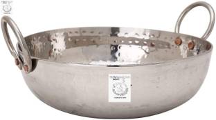 Thathera Stainless Steel Hammered Kadai | Heavy Bottom | Kadhai for Kitchen Deep Frying Kadhai 22 cm diameter with Lid 1 L capacity