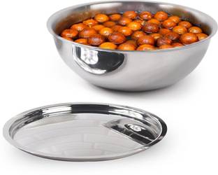 The Indus Valley Triply Stainless Steel Tasra/Big Bowl for salad mixing with Steel Lid - 8.6 inch Tasla with Lid 1.7 L capacity 22 cm diameter