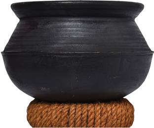 Frills & Colours Clay Pot for Cooking / Matka-Mitti ke Bartan/ Curd Pot- Dahi Handi - Black-3 Ltr Handi 3 L