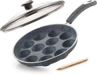 iVBOX Aqua-Granite 12 Cavity Heavy-Weight Appam Pan Paddu Paniyarakkal Maker Patra Paniarakkal with Lid 1 L capacity 25 cm diameter