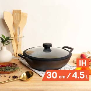 Meyer Pre Seasoned Cast Iron Kadai|Iron Kadhai with Lid for Cooking and Stir Frying Kadhai 30 cm diameter with Lid 3.2 L capacity