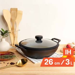 Meyer Pre Seasoned Cast Iron Kadhai 26 cm diameter with Lid 3 L capacity