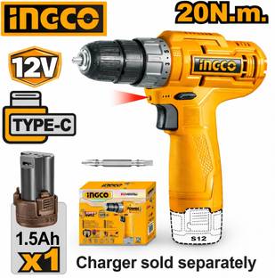 INGCO 12V Cordless Drill with 1 Pcs 1.5Ah Battery 1 Pcs Cr-V 65mm bit Battery charging port USB type-C...