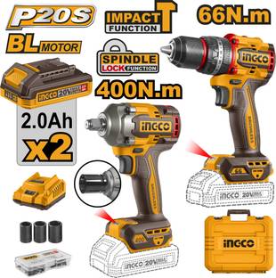 INGCO 20V Brushless Cordless Impact Drill & Wrench Combo Kit-66Nm Drill & 400Nm Wrench CKLI20275 2pcs ...
