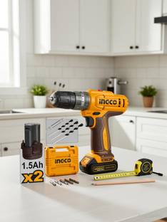 INGCO 12V Cordless Impact Drill Machine, 18+1+1, 20Nm, Variable Speed, LED, with 2pcs 1.5Ah Batteries ...