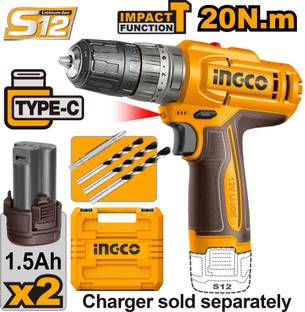 INGCO 12V Cordless Impact Drill Machine, 18+1+1, 20Nm, Variable Speed, LED, with 2pcs 1.5Ah Batteries ...
