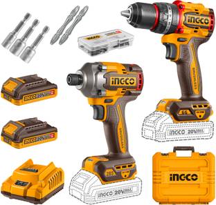 INGCO Cordless 2pcs Combo, Cordless Impact Drill 66Nm, & Cordless Impact Driver 285NM, with 2Pcs Batte...