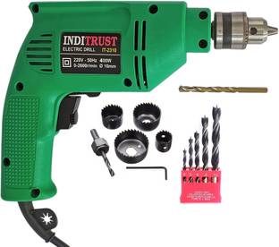 Inditrust 10mm Electric reversible drill machine 400w with 6pc Holesaw 5pc wood 1pc Masonry bit set (P...