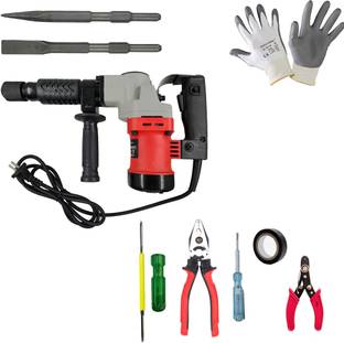 Hillgrove HGM4055M6 17mm Demolition Chisel+Hammer Concrete Breaker Drill Machine with 5Pcs Hand Tool Kit, Safety Gloves and 2 Bits for Breaking Concrete Wall DFH27 Pistol Grip Drill