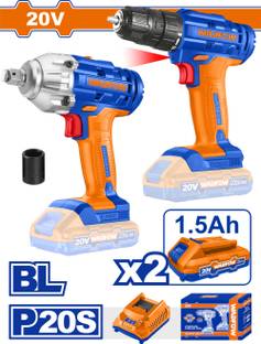 Wadfow Lithium-Ion Cordless 2 Pcs Combo Kit, 1 Pcs Impact Wrench, 1 Pcs Cordless Drill
