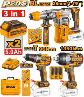 INGCO Cordless 3pcs Combo, Impact Drill 96Nm & Impact Wrench 1350Nm & Rotary Hammer with 2Pcs 5.0Ah Ba...