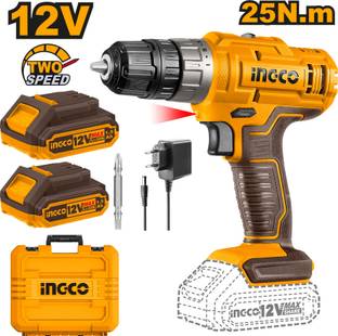 इंगको 12V Cordless Drill | 2-Speed | 15+1 | 25N.m | 2 * Batteries | 1 * Charger | 1 * Cr-V 65mm Bit | ...