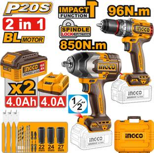 INGCO Cordless 2pcs Combo, Cordless Impact Drill 96Nm & Cordless Impact Wrench 850NM, with 2Pcs 4.0Ah ...