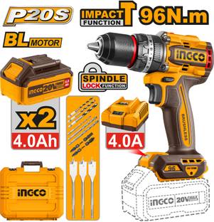 INGCO 20V Compact Brushless Cordless Impact Drill | Power Drill Machine | 96Nm CIDLI20968 -96N - 2*4.0...