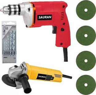 Sauran HEAVY DUTY 10MM DRILL MACHINE WITH 5PCS DRILL BIT & ANGLE GRINDER WITH 4 BLADES Pistol Grip Drill