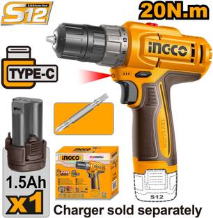 INGCO 12V Cordless Drill Machine, 15+1, 20Nm, Variable Speed, LED, with 1pcs 1.5Ah Battery and 1 Pcs C...