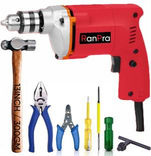 RanPra POWER TOOL 10MM DRILL MACHINE WITH 300GM BALL PEEN HAMMER & 4 TOOL SET | 10MM DRILL MACHINE Pis...