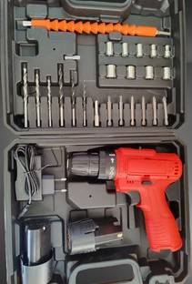 RMGS 10mm Multi Function Drill Plastic Cordless Drill Screw Driver with 24pc tool kit 10 mm Keyless Chuck with 2 batteries LED torch Reversible Variable Speed Cordless Drill