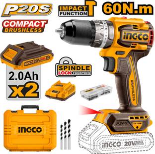 INGCO 20V Compact Brushless Impact Drill | Power Drill Machine | 2*2.0 Ah Batteries | 1*Charger | 47*A...
