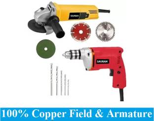 Sauran 4inch Angle Grinder With 3 Blade & 10mm Drill Machine With 5pcs Drill Bits Pistol Grip Drill