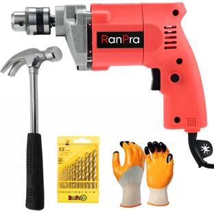 RanPra 10MM HEAVY DUTY DRILL MACHINE WITH 13PCS DRILL BIT SET & CLAW HAMMER Pistol Grip Drill