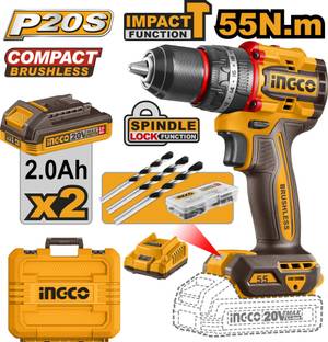 INGCO 20V Compact Brushless Cordless Impact Drill 55Nm, 13mm Metal Chuck, 2-Speed, with 2Pcs Batteries...
