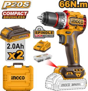 INGCO Compact Brushless Cordless Drill 66Nm, 13mm Metal Chuck, 2-Speed, CDLI20668 Cordless Drill
