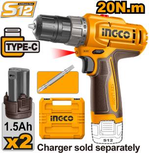 INGCO Cordless Drill Machine 20 N.M torque 2pcs 1.5 Ah Batteries 12V 15+1 Variable Speed, LED Cordless...