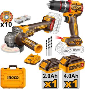 INGCO Cordless 2 pcs Combo Kit | Compact Brushless Cordless Drill | Angle Grinder | 2*2.0Ah Batteries | 1*4.0Ah Battery | Charger | 47 Accessories | Plastic Case | Cordless Drill