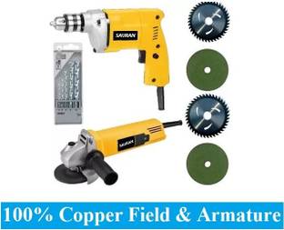 Sauran 1Omm Drill Machine with 5pcs Drill Bits & 4inch Angle Grinder With 4 Blades Pistol Grip Drill