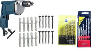 DUMDAAR 10MM Electric drill machine 13pc hss And 5pcs Masonry Drill bits and 10pcs Bit Set . Pistol Gr...