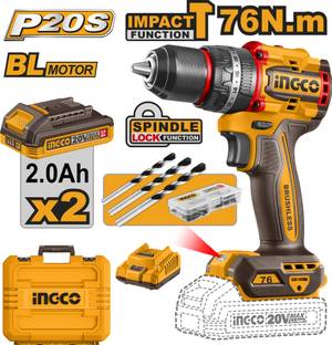INGCO Compact Brushless Cordless Impact Drill, Brushless Motor, Maximum Torque: 76NM Cordless Drill