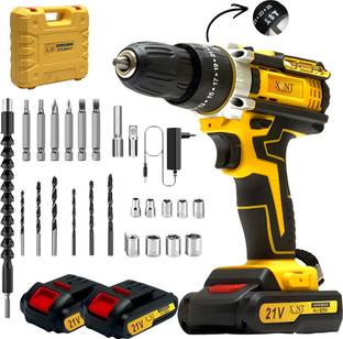 XLNT 21V Cordless Impact Drill Machine, 2 Li-Ion Battery & Fast Charger 2-Speed Accessories Kit ,Torqu...