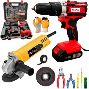 RanPra 21 VOLT CORDLESS DRILL AND 110MM ANGLE GRINDER WITH TOOL SET Cordless Drill