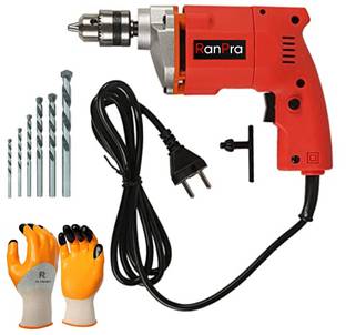 RanPra 100% COPPER ARMATURE 10 MM DRILL MACHINE | 5PCS DRILL BIT SET| SAFETY GLOVES Pistol Grip Drill