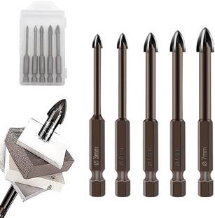 PROBEROS 5Pcs Glass Tile Concrete Drill Bit Set, Multi-Function Triangle Cross Alloy Tip Drilling Tools for Glass, Ceramic Tile Wall, and Wood (3-7 mm) Pistol Grip Drill