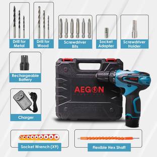 AEGON Cordless Drill Machine Battery Operated ACS-12V 12V Reversible Variable Speed Screwdriver Double with 30 pcs Tool Kit Cordless Drill