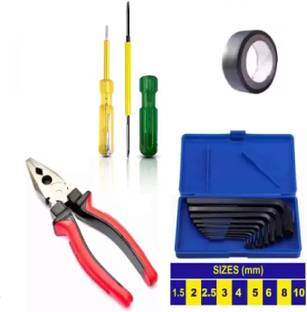 GrabMoor Combo of L-5Z 8" Plier, 2in1 Screwdriver, Allen Key Set, 2in1 Tester, Tape Hand Tool Kit
