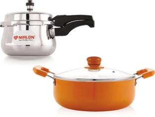 NIRLON Induction Base Triply Belly Outer Lid Pressure Cooker & ceramic Casserole 22cm 2.6 L, 1.5 L Outer Lid Induction Bottom Pressure Cooker