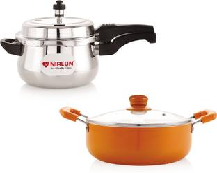 NIRLON Induction Base Triply Belly Outer Lid Pressure Cooker & ceramic Casserole 22cm 2.6 L, 5 L Outer Lid Induction Bottom Pressure Cooker