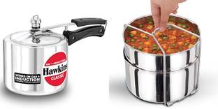 Hawkins CLASSIC IN. ALUMINIUM 3L COOKER WITH SS TWO-DISH SET COMBO 3 L Inner Lid Induction Bottom Pressure Cooker