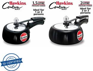 Hawkins Contura Hard Anodised Aluminium Pressure Cooker, 1.5 Liters, Black & Contura Hard Anodised Aluminium Pressure Cooker, 2 Liters , Black Combo 1.5 L, 2 L Inner Lid Pressure Cooker