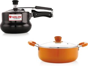 NIRLON Induction Base Hard Anodized Pressure Cooker 2 Ltr and Ceramic Casserole 22cm 2.6 L, 2 L Inner Lid Induction Bottom Pressure Cooker