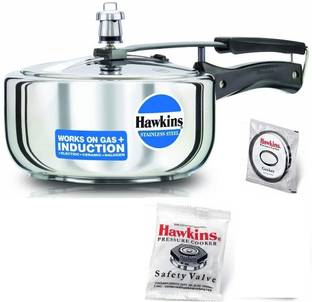 Hawkins Stainless Steel Wide Pressure Cooker 3L(HSS3W),Gasket(2-3L),Safety Valve, 3 L Inner Lid Induction Bottom Pressure Cooker