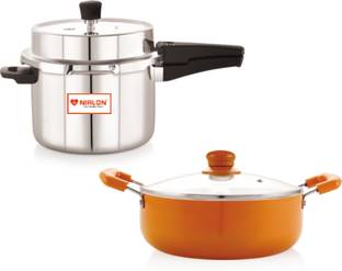 NIRLON Induction Base Triply Swachch Outer Lid Pressure Cooker & ceramic Casserole 22cm 2.6 L, 5 L Outer Lid Induction Bottom Pressure Cooker